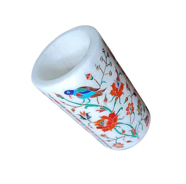 ArtEra Marble Handicrafted Inlaid with Semi-Precious Stones Decorative Flower Pot (13 * 7.5 CM) | Piera Dura Handmade Marble Flower Pot (Primary Color - Red)