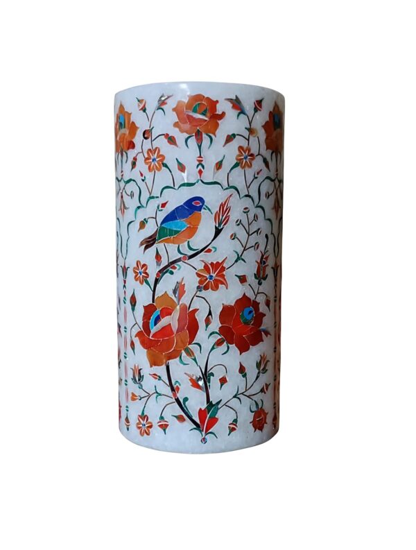 ArtEra Marble Handicrafted Inlaid with Semi-Precious Stones Decorative Flower Pot (20.5 * 9.5 CM) | Piera Dura Handmade Marble Flower Pot (Primary Color - Red)