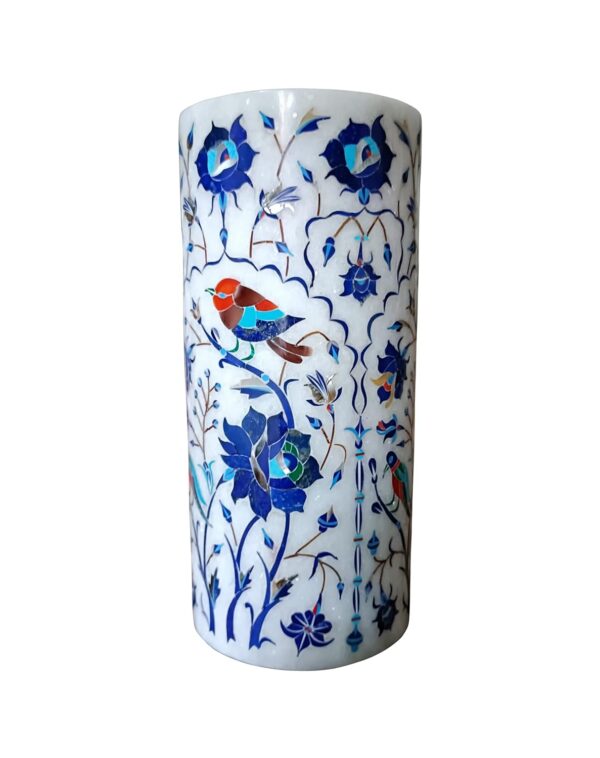 ArtEra Marble Handicrafted Inlaid with Semi-Precious Stones Decorative Flower Pot (20 * 9.5 CM) | Piera Dura Handmade Marble Flower Pot (Primary Color - Blue)