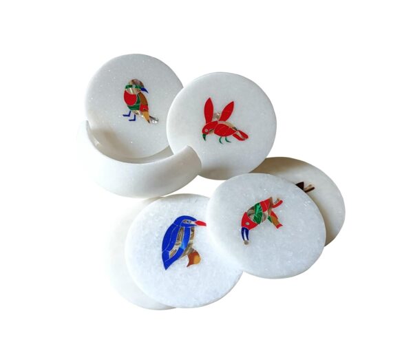 ArtEra's Marble Coaster Set with Semi-Precious Stones Inlay Work | Different Birds Design (6 trivets with Holder, Diameter - 4 inch)