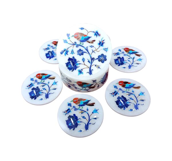 ArtEra's Marble Coaster Set with Semi-Precious Stones Inlay Work (AE-07)| Blue (6 trivets with Holder and Lid, Diameter - 5 inch)