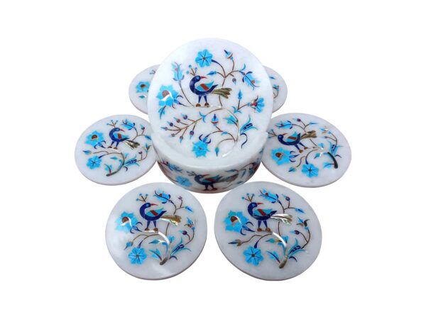 ArtEra's Marble Coaster Set with Semi-Precious Stones Inlay Work (AE-06)| Turqoise (6 trivets with Holder and Lid, Diameter - 5 inch)