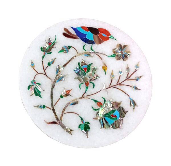 ArtEra's Marble Coaster Set with Semi-Precious Stones Inlay Work (AE-05)| Colorful Silver Grey (6 trivets with Holder and Lid, Diameter - 5 inch)