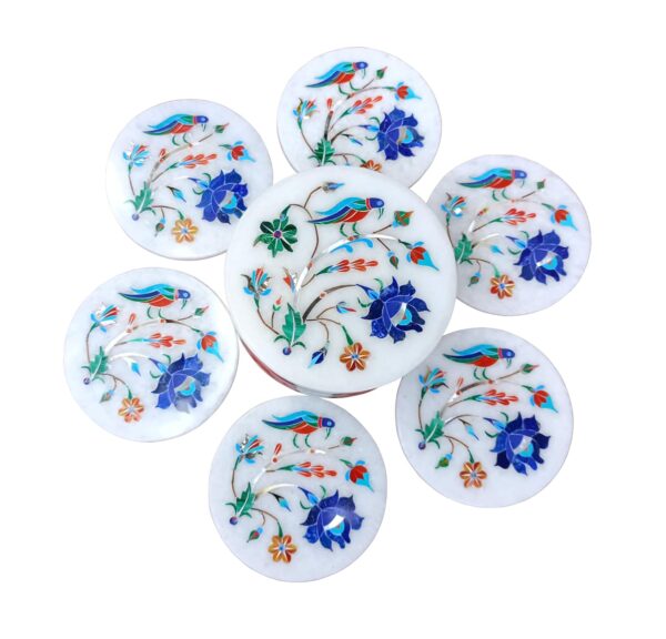 ArtEra's Marble Coaster Set with Semi-Precious Stones Inlay Work (AE-04)| Blue (6 trivets with Holder and Lid, Diameter - 5 inch)