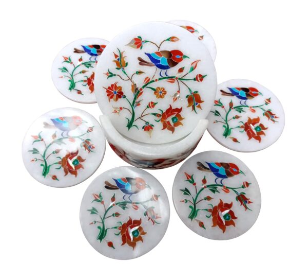 ArtEra's Marble Coaster Set with Semi-Precious Stones Inlay Work (AE-03)| Multicolor (6 trivets with Holder and Lid, Diameter - 5 inch)