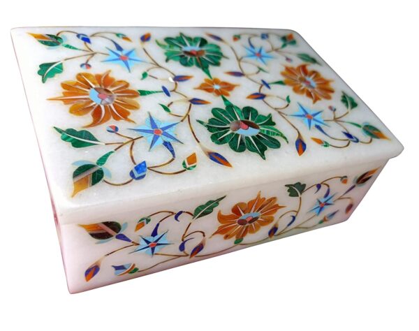 ArtEra MHA Marble Handicrafted Inlaid with Semi-Precious Stones Decorative Box (5 X 3 X 2) | Designer Handmade Marble Box (Multicolor)