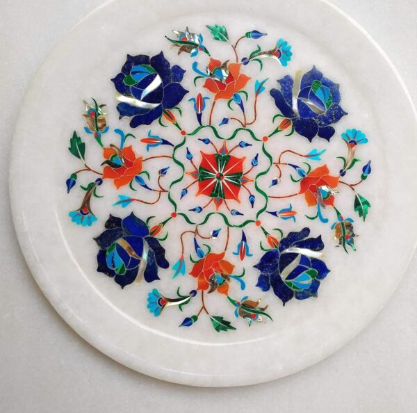 ArtEra Marble Inlay Arts White Marble Handcrafted semi-Precious Inlay Stones Plate (8 inches) for Home Decor