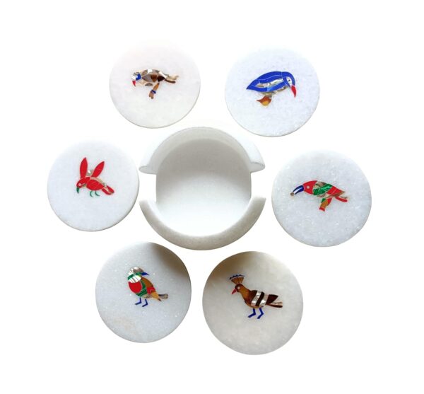 ArtEra's Marble Coaster Set with Semi-Precious Stones Inlay Work | Different Birds Design (6 trivets with Holder, Diameter - 4 inch)