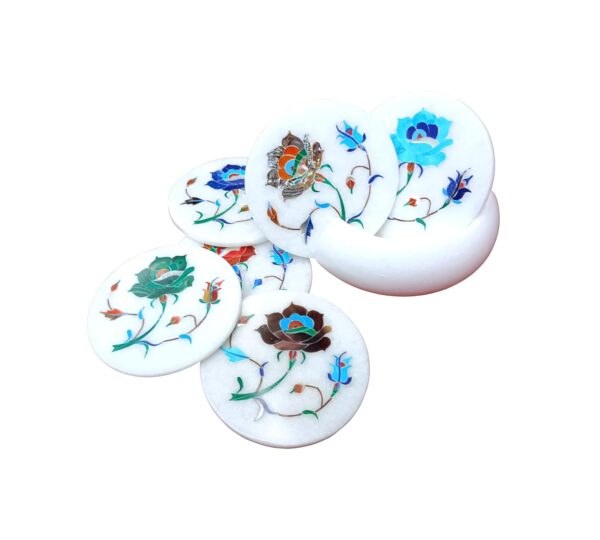 ArtEra's Marble Coaster Set with Semi-Precious Stones Inlay Work (AE-10)| Multicolor (6 trivets with Holder, Diameter - 4 inch)