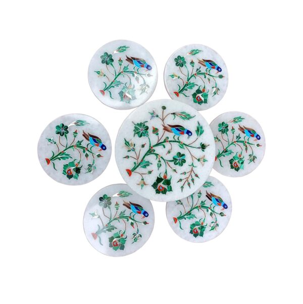 ArtEra's Marble Coaster Set with Semi-Precious Stones Inlay Work (AE-02)| Green (6 trivets with Holder and Lid, Diameter - 5 inch)