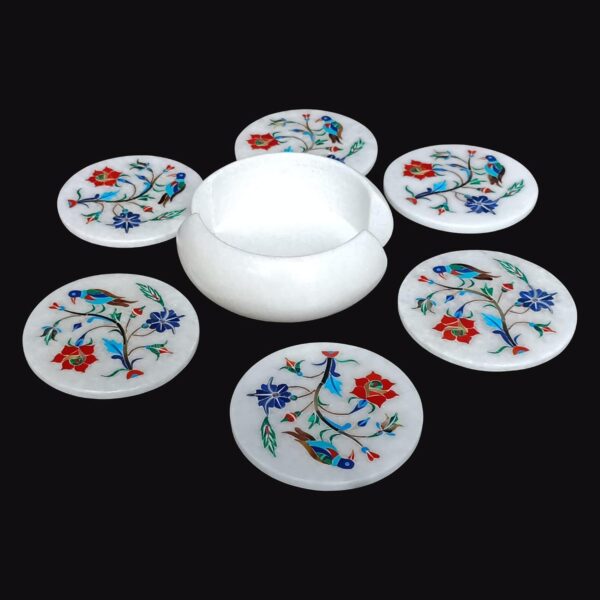 ArtEra Handcrafted Marble Coaster Set with semi-Precious Stone Inlay Work (6 Coasters and Holder, 4 inch)