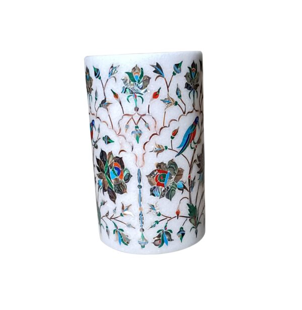 ArtEra Marble Handicrafted Inlaid with Semi-Precious Stones Decorative Flower Pot (15 * 9.5 CM) | Piera Dura Handmade Marble Flower Pot (Primary Color - Silver)