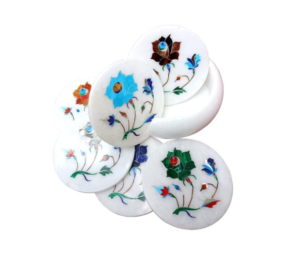 ArtEra's Marble Coaster Set with Semi-Precious Stones Inlay Work (AE-08)| Multicolor (6 trivets with Holder, Diameter - 4 inch)