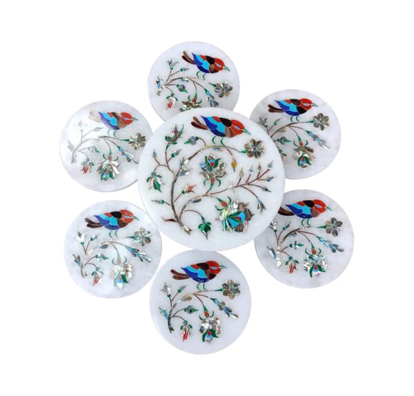 ArtEra's Marble Coaster Set with Semi-Precious Stones Inlay Work (AE-05)| Colorful Silver Grey (6 trivets with Holder and Lid, Diameter - 5 inch)