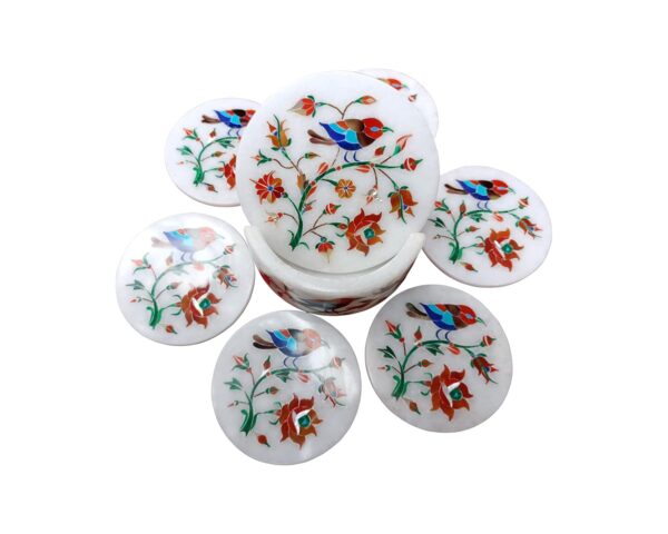 ArtEra's Marble Coaster Set with Semi-Precious Stones Inlay Work (AE-03)| Multicolor (6 trivets with Holder and Lid, Diameter - 5 inch)