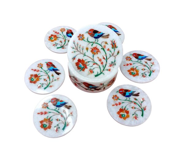 ArtEra's Marble Coaster Set with Semi-Precious Stones Inlay Work (AE-01)| Multicolor (6 trivets with Holder and Lid, Diameter - 5 inch)