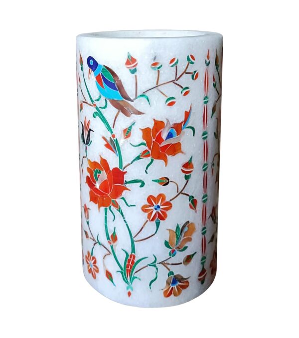 ArtEra Marble Handicrafted Inlaid with Semi-Precious Stones Decorative Flower Pot (13 * 7.5 CM) | Piera Dura Handmade Marble Flower Pot (Primary Color - Red)