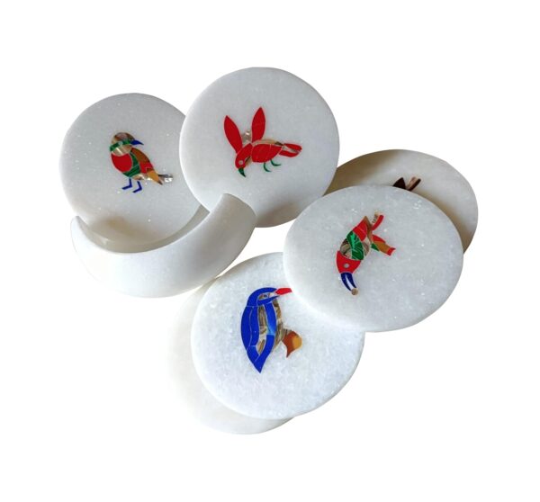 ArtEra's Marble Coaster Set with Semi-Precious Stones Inlay Work | Different Birds Design (6 trivets with Holder, Diameter - 4 inch)