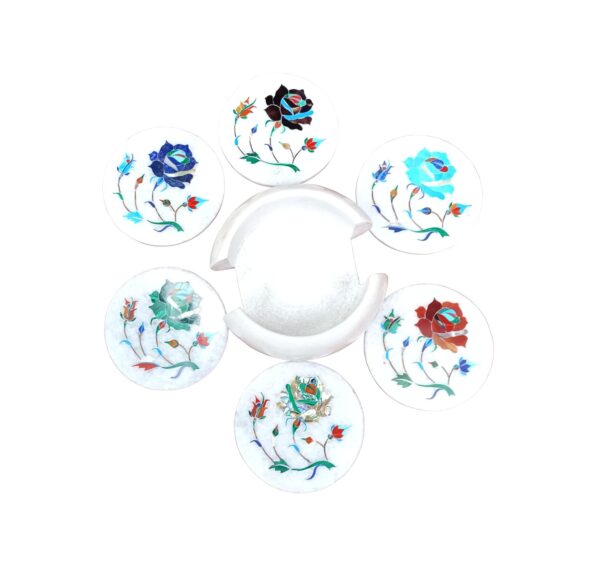 ArtEra's Marble Coaster Set with Semi-Precious Stones Inlay Work (AE-11)| Multicolor (6 trivets with Holder, Diameter - 4 inch)