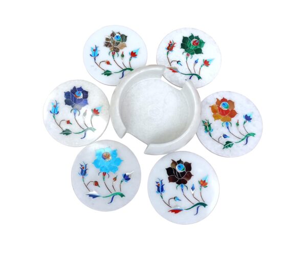 ArtEra's Marble Coaster Set with Semi-Precious Stones Inlay Work (AE-09)| Multicolor (6 trivets with Holder, Diameter - 4 inch)