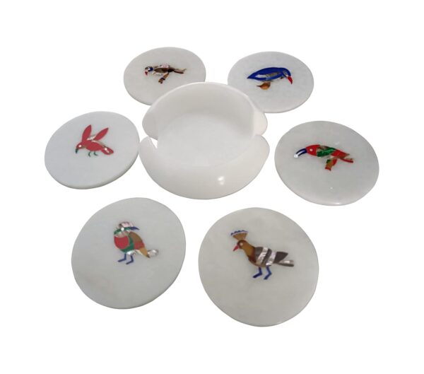 ArtEra's Marble Coaster Set with Semi-Precious Stones Inlay Work | Different Birds Design (6 trivets with Holder, Diameter - 4 inch)