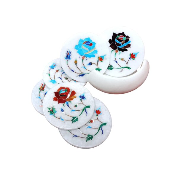 ArtEra's Marble Coaster Set with Semi-Precious Stones Inlay Work (AE-11)| Multicolor (6 trivets with Holder, Diameter - 4 inch)