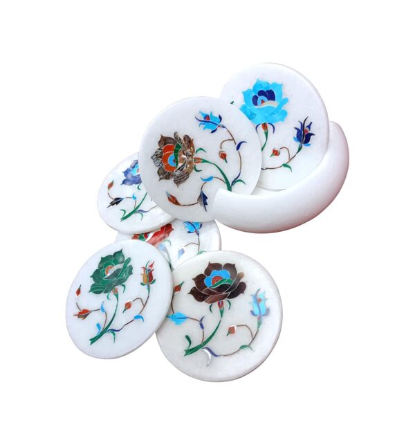 ArtEra's Marble Coaster Set with Semi-Precious Stones Inlay Work (AE-10)| Multicolor (6 trivets with Holder, Diameter - 4 inch)