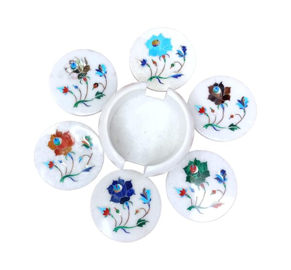 ArtEra's Marble Coaster Set with Semi-Precious Stones Inlay Work (AE-08)| Multicolor (6 trivets with Holder, Diameter - 4 inch)