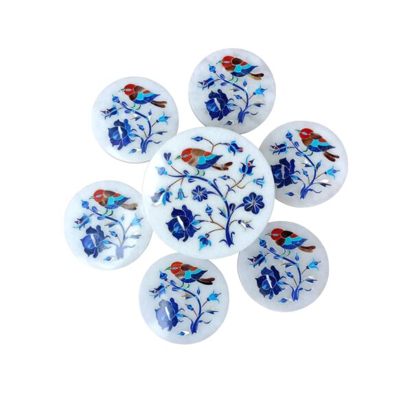 ArtEra's Marble Coaster Set with Semi-Precious Stones Inlay Work (AE-07)| Blue (6 trivets with Holder and Lid, Diameter - 5 inch)