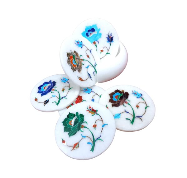 ArtEra's Marble Coaster Set with Semi-Precious Stones Inlay Work (AE-10)| Multicolor (6 trivets with Holder, Diameter - 4 inch)