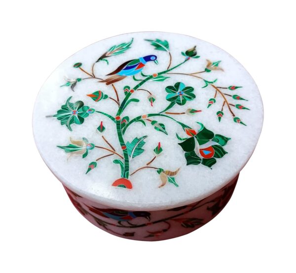 ArtEra's Marble Coaster Set with Semi-Precious Stones Inlay Work (AE-02)| Green (6 trivets with Holder and Lid, Diameter - 5 inch)