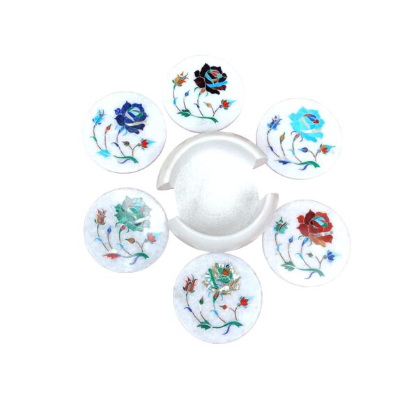 ArtEra's Marble Coaster Set with Semi-Precious Stones Inlay Work (AE-11)| Multicolor (6 trivets with Holder, Diameter - 4 inch)