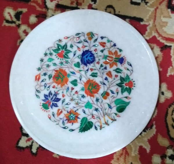 ArtEra White Marble Handcrafted semi-Precious Inlay Stones Plate kaner Flower Edition (11 inches) for Home Decor