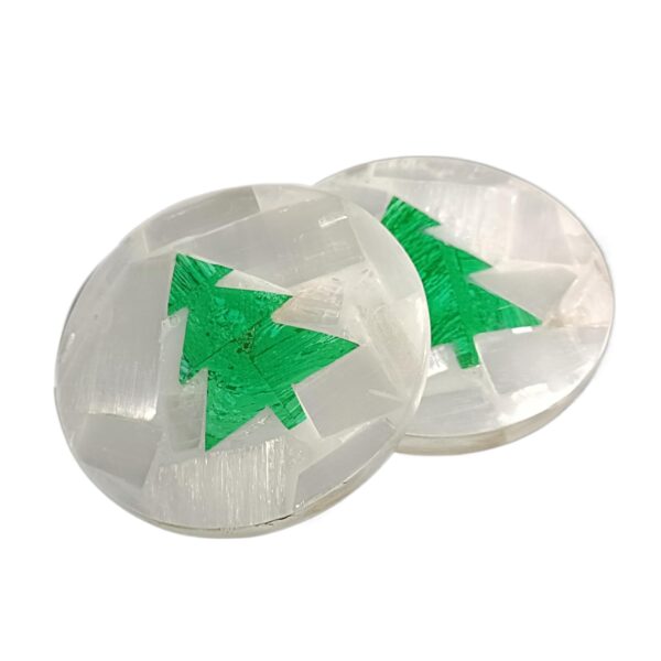 Artera Handcrafted Selenite Stone Coasters with Green Christmas Tree Design for Tea Cups, Coffee Mugs and Glasses (4 inch)