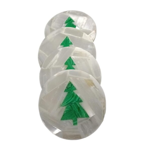 Artera Handcrafted Selenite Stone Coasters with Green Christmas Tree Design for Tea Cups, Coffee Mugs and Glasses (4 inch)