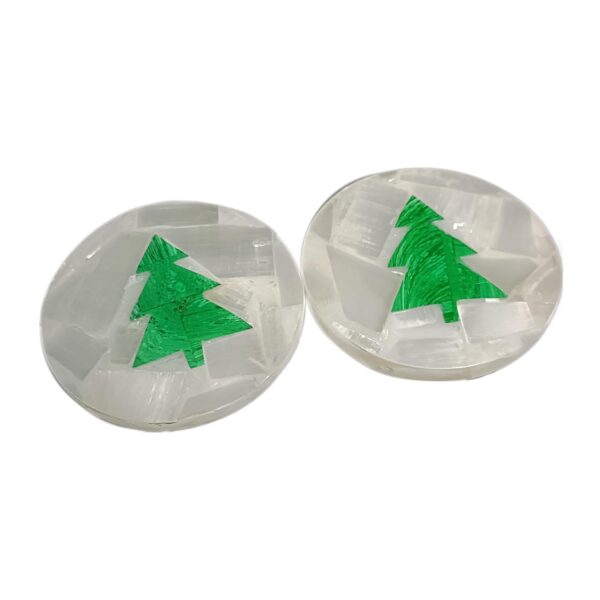 Artera Handcrafted Selenite Stone Coasters with Green Christmas Tree Design for Tea Cups, Coffee Mugs and Glasses (4 inch)