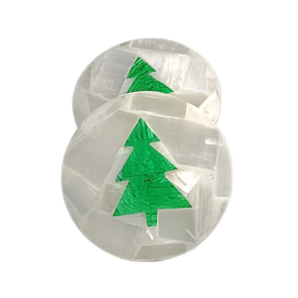 Artera Handcrafted Selenite Stone Coasters with Green Christmas Tree Design for Tea Cups, Coffee Mugs and Glasses (4 inch)