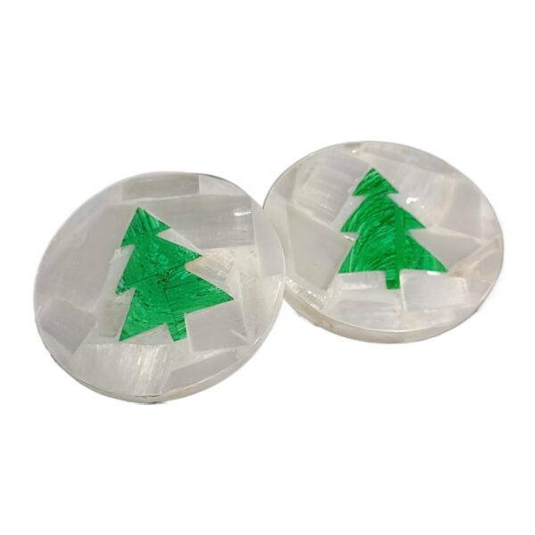 Artera Handcrafted Selenite Stone Coasters with Green Christmas Tree Design for Tea Cups, Coffee Mugs and Glasses (4 inch)