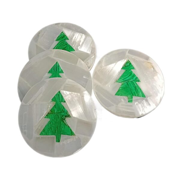 Artera Handcrafted Selenite Stone Coasters with Green Christmas Tree Design for Tea Cups, Coffee Mugs and Glasses (4 inch)