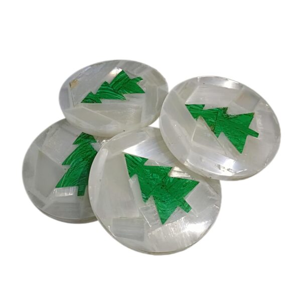 Artera Handcrafted Selenite Stone Coasters with Green Christmas Tree Design for Tea Cups, Coffee Mugs and Glasses (4 inch)